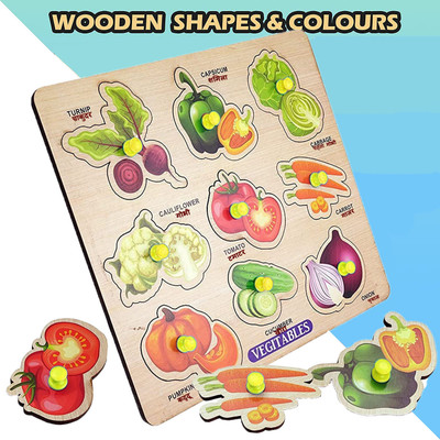 Plus Shine Learning Peg Puzzle Wooden Vegetables Puzzle with Picture Educational Board Toys(Grey)