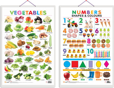 GO WOO Pack of 2 Vegetables and Numbers, Shapes & Colours Educational charts(Multicolor)