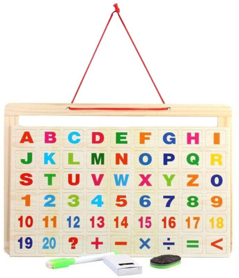 Smartcraft Wooden Frame Double Sided Magnetic Whiteboard and Black Slate with Alphanumeric(Multicolor)