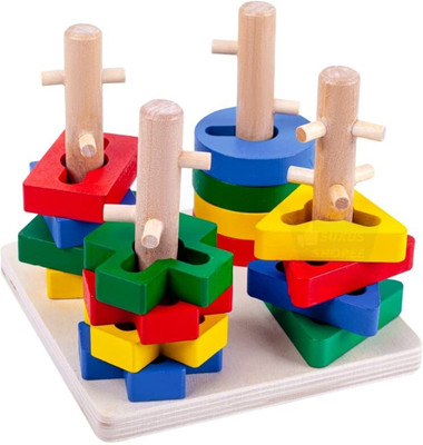 Little Mind Wooden Geometric Shape Four Column Blocks Stacking Puzzle Toy for Kids(Multicolor)