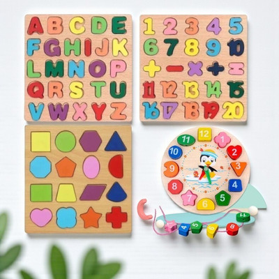 VHD Alphabet, Number, Shape & Clock Wooden Puzzle Toy for Kids Learning GG36(4 Pieces)