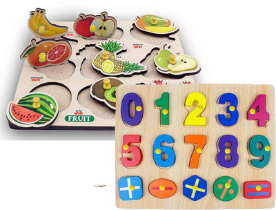 BUY SURETY Pack Of 2 Montessori Wooden Counting Numbers & Fruits Name Puzzle Learning Toys(Multicolor)