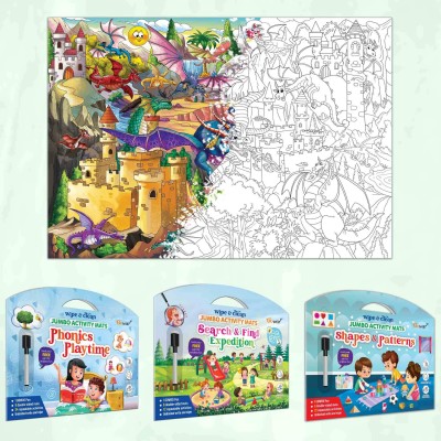 GO WOO SHAPES, PHONICS, SEARCH & FIND activity mat and GIANT DRAGON COLOURING POSTER(Multicolor)