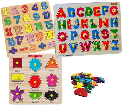 SHALAFI 3Set Alphabets and Numbers Puzzle, Geometric Shape Games Blocks Counting Toys(Multicolor)