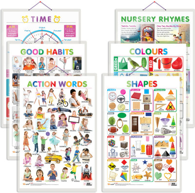 GO WOO Pack of 6 Colours,Shapes,Good Habits,ActionWords,TIMEandNURSERYRHYMEScharts(Yellow)