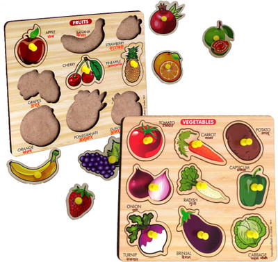 PopPlop Fruits & Vegetables Shape Name Puzzle on Wooden Board Games For Kids PackOf2(Multicolor)