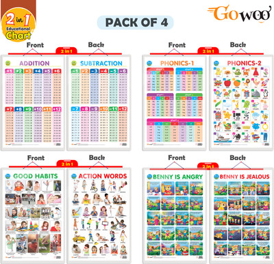 GO WOO Pack of 4 GOODHABIT&ACTIONWORDSADDITION&SUBTRACTIONPHONICS 1&PHONICS 2 and MORE(Multicolor)