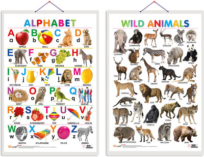 GO WOO Pack of 2 Alphabet and Wild Animals Educational charts with Lamination(White)