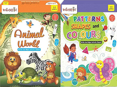 Braintastic Patterns & Animal World Write Wipe Reusable Activity Sheet with Free Puzzle(Multicolor)