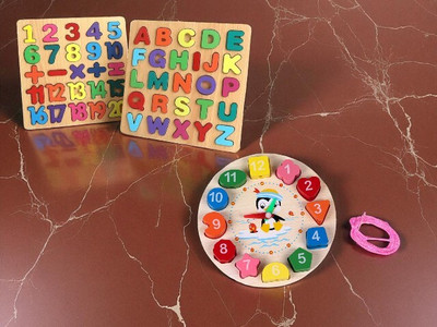 VHD Wooden Kids Learning Puzzle Board Combo with Numbers, Alphabets & Clock E152(Multicolor)