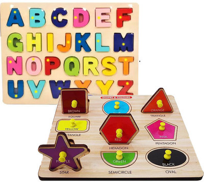 Plus Shine Pack Of 2 ABCD Alphabets Matching Puzzle Board and Wooden Geomatric Shapes Toys(Beige)