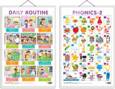 GO WOO Pack of 2 DAILY ROUTINE and PHONICS - 2 Educational charts(Silver)