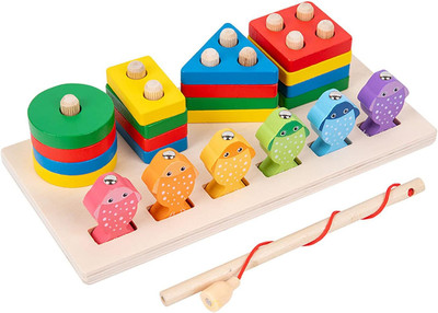 Little Mind Wooden 4 Color Shape Recognition Stacker Shape Sorter, 5 Magnetic Fish Toys(Multicolor)