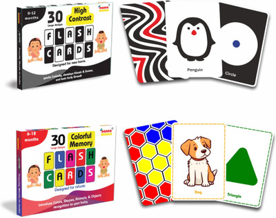 NannaMunna Flash Cards Combo Large | 60 Visual Designs | 0-12M Baby Early Learning Set(Black, White, Multicolor)