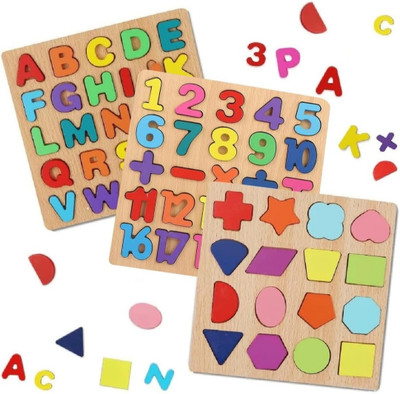 Kabir Enterprises 3D Wooden Puzzle Capital Alphabets, Numbers, and Shapes Board Puzzle(Multicolor)