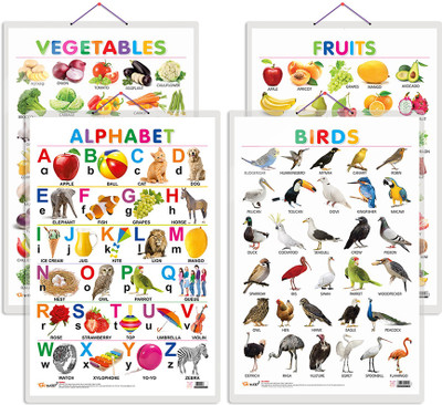 GO WOO Pack of 4 Alphabet, Fruits, Vegetables and Birds charts(Gold)