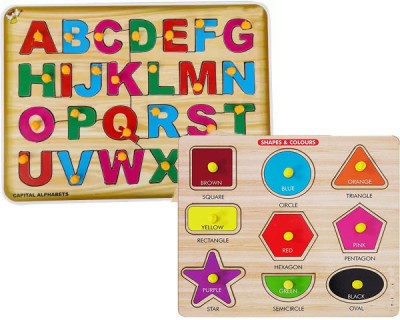 Plus Shine Combo ABCD Alphabets Matching Puzzle Board and Wooden Geomatric Shapes Toys(Beige)