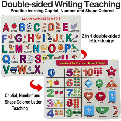FORSIKHA Wooden 2 in 1 Both Side Reversable Alphabet, Number And Shape Name Slate Board(Beige, Multicolor)