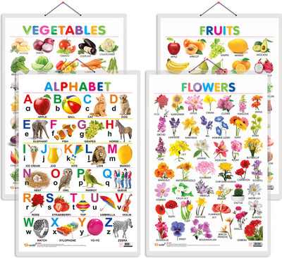 GO WOO Pack of 4 Alphabet, Fruits, Vegetables and Flowers charts(Green)