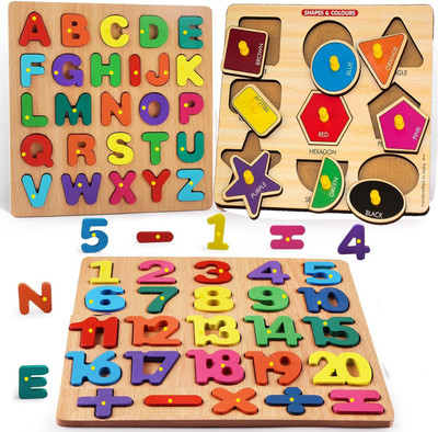 SHALAFI Wooden Learning Educational Board Alphabets, Numbers & Shapes Puzzle Toys(Multicolor)