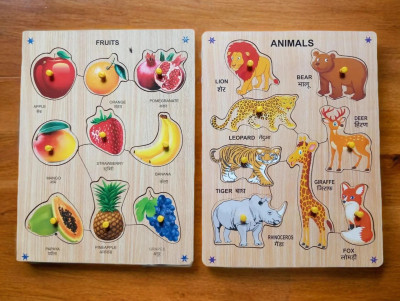 VSINDIA Wooden Colorful Fruits and Wild Animals Puzzle Board for Kids (Pack of 2)(Multicolor)