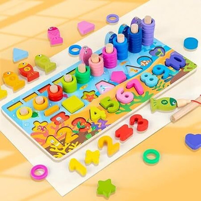 Little Mind Wooden Fishing Board Game 4 in 1- Numbers, Shapes,, Stacking(Multicolor)