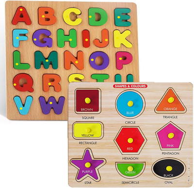 Plus Shine PackOf2 Wooden Capital Alphabet Puzzles + Geomatric Shapes & Colors Toys Board(Beige)