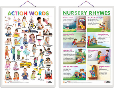 GO WOO Pack of 2 Action Words and NURSERY RHYMES Educational charts(Purple)