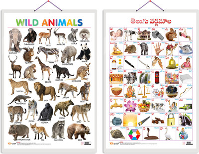 GO WOO Pack of 2 Wild Animals and Telugu Alphabet Educational charts Lamination(Beige)