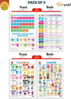 GO WOO Packof2|2IN1NUMBER& FRACTIONS AND MATHS KEYWORDS and 2 IN 1 COLOURS&SHAPESCharts(Silver)
