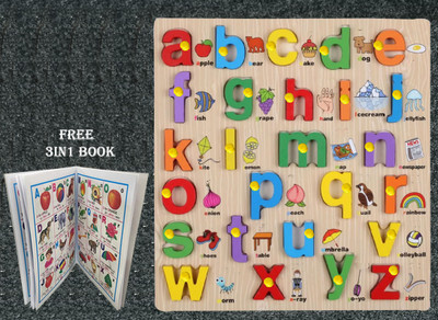 Plus Shine 26 letters Wooden ABC Small Puzzle Learning Toys Alphabet Board Slate+3in1 Book(Multicolor)