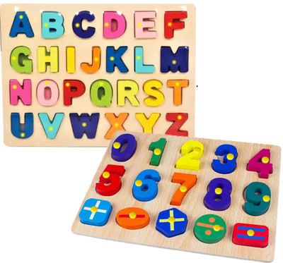 SHALAFI Combo Wooden Alphabets and Numbers Puzzle in Shape Toys Game Math Counting Board(Beige, Multicolor)