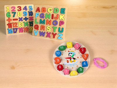 VHD Wooden Kids Learning Puzzle Board Combo with Numbers, Alphabets & Clock E127(Multicolor)