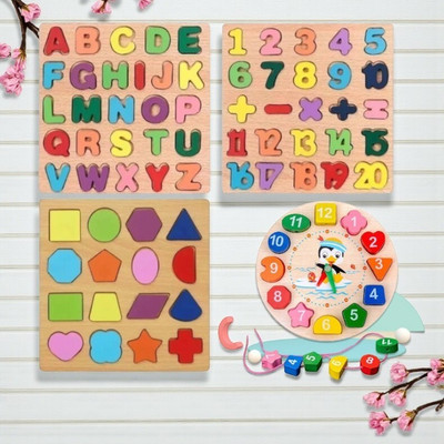 VHD Wooden Educational Puzzle Toy Set for Kids – Alphabet,Numbers,Shapes & Clock C75(Multicolor)
