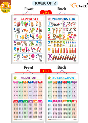 GO WOO Packof2|2 IN 1 ALPHABETAND NUMBER 1-10 and 2 IN 1 ADDITION AND SUBTRACTIONCharts(Gold)