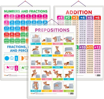 GO WOO Pack of 3 ADDITION, NUMBERS AND FRACTIONS and PREPOSITIONS charts(Multicolor)