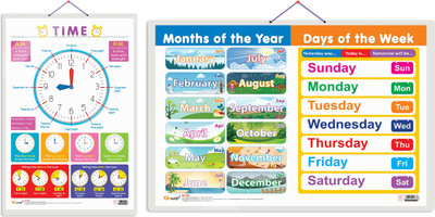 GO WOO Pack of 2 TIME and MONTHS OF THE YEAR AND DAYS OF THE WEEK Educational charts(Gold)