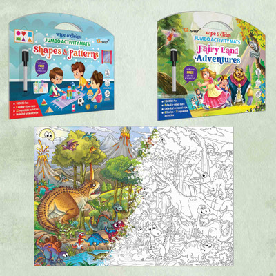 GO WOO SHAPES, FAIRY LAND ADVENTURES ACTIVITY MATS, and GIANT DINOSAUR COLOURING POSTER(Multicolor)