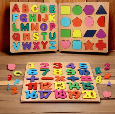VHD Wooden Alphabet Number & Shape Learning Puzzle Board for Kids WPP18(Multicolor)