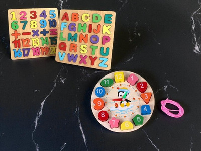 VHD Wooden Kids Learning Puzzle Board Combo with Numbers, Alphabets & Clock E162(Multicolor)