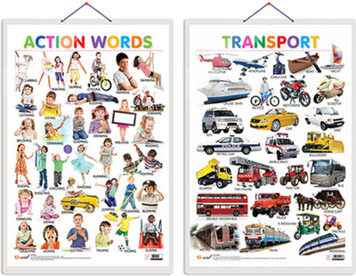 GO WOO Pack of 2 Action Words and Transport Educational charts(Beige)