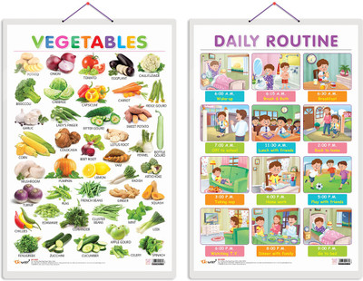 GO WOO Pack of 2 Vegetables and DAILY ROUTINE Educational charts with Lamination(Purple)