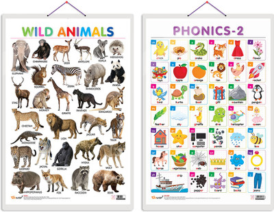GO WOO Pack of 2 Wild Animals and PHONICS - 2 Educational charts with Lamination(Grey)