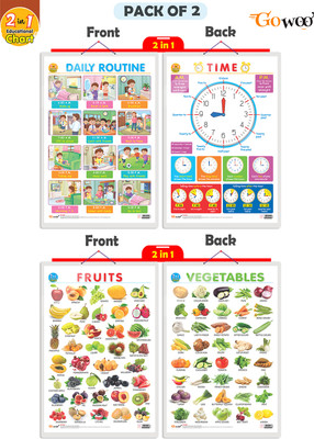 GO WOO Packof2|2IN1DAILY ROUTINE AND TIME & 2 IN 1 FRUITS&VEGETABLESCharts(Purple)