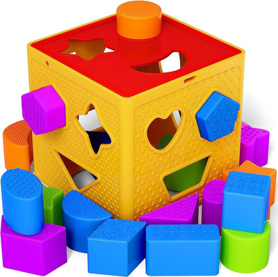ROSEFAIR Geometric Shape Sorting Cube Baby Toys, with 18 Shapes and 1 Cube(Multicolor)