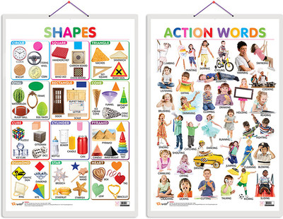 GO WOO Pack of 2 Shapes and Action Words Educational charts(Yellow)