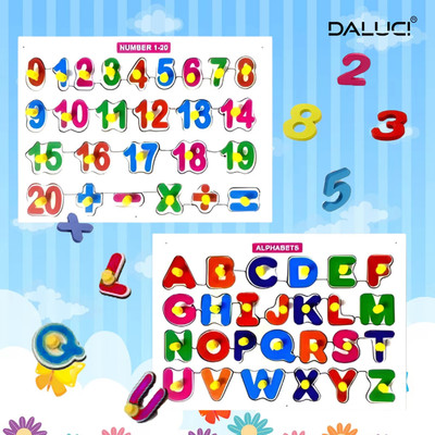 DALUCI Colorful Wooden Alphabet & Number Puzzle Set|Educational Toy ABCD & 123 Puzzle(Beige)