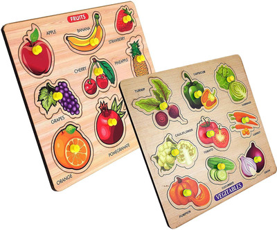 PopPlop Combo Wooden Fruits & Vegetables Name Matching Peg Puzzle Board Learning Toys(Multicolor)