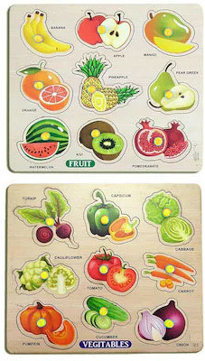 SHALAFI PackOf2 Learning Fruit Name Puzzle on Wooden Board+Vegetable Matching Peg Puzzle(Multicolor)