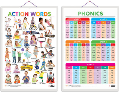 GO WOO Pack of 2 Action Words and PHONICS - 1 Educational charts(Red)